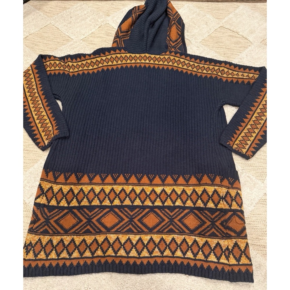 Lucky Brand Southwestern Aztec Cardigan Med Blue Oversize Boho Retro Cozy Hooded - Picture 4 of 9